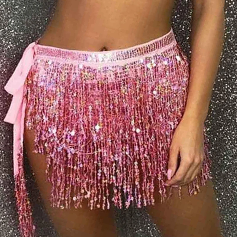 

2022 Sexy Women Fringe Skirt Sequin Tassel Belly Dance Hip Scarf Rave Wrap Sexy Skirt Belt Performance Custume Boho Skirt