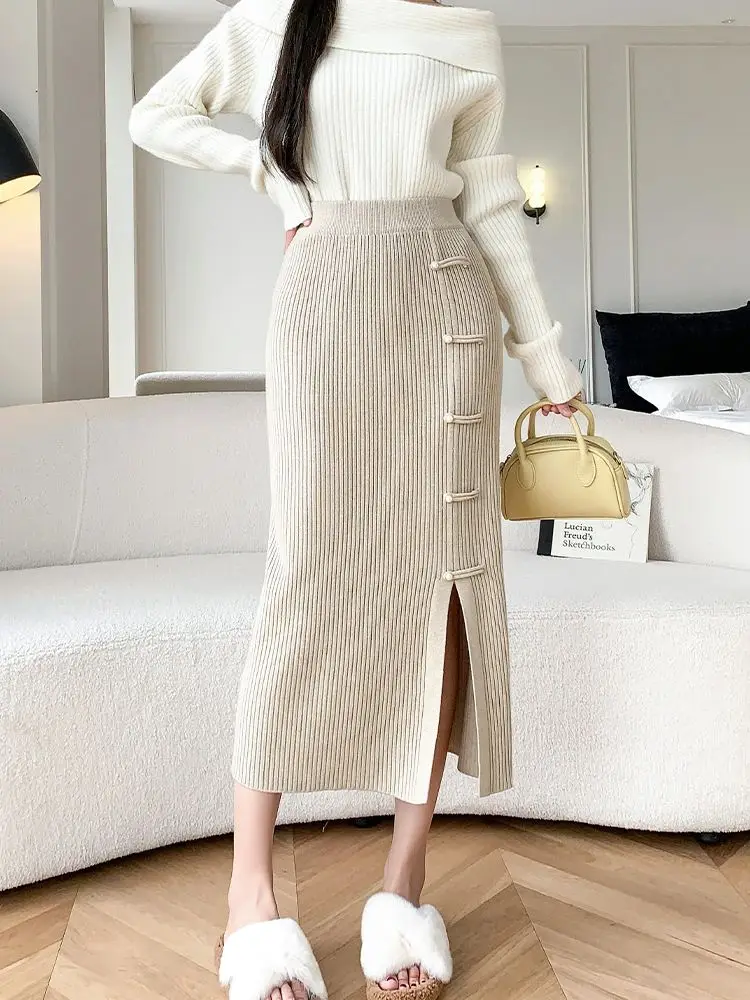 Solid Color Ribbed Knit Pencil Skirt Women Autumn Spring High Waist Elegant Slim Fit Long Skirt Streetwear