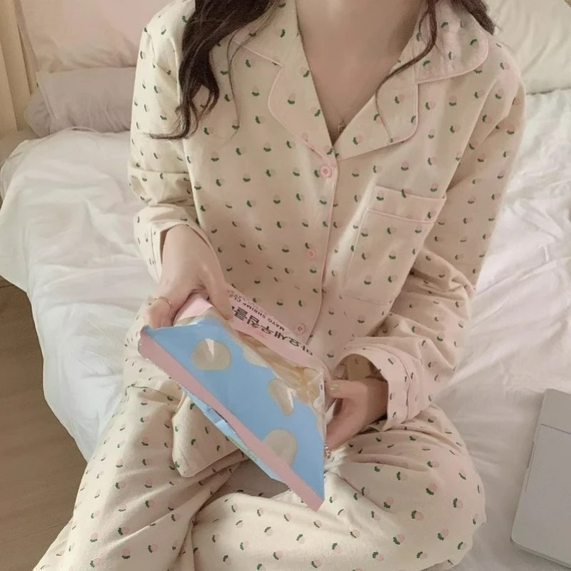 

Модные домашние пижамы из матового хлопка с длинным рукавом для женщин, осень 2026, можно носить и на улице, в корейском стиле, милые, свежие, из чистого хлопка