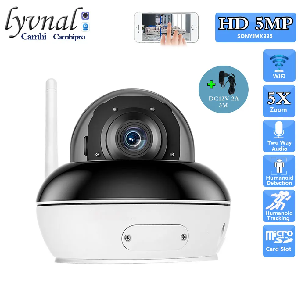 HD 5MP Sony335 Wireless Security IP Camera Wifi PTZ Dome 5X Optical Zoom Autofocus Human Tracking Two Way Audio IR 30m Outdoor