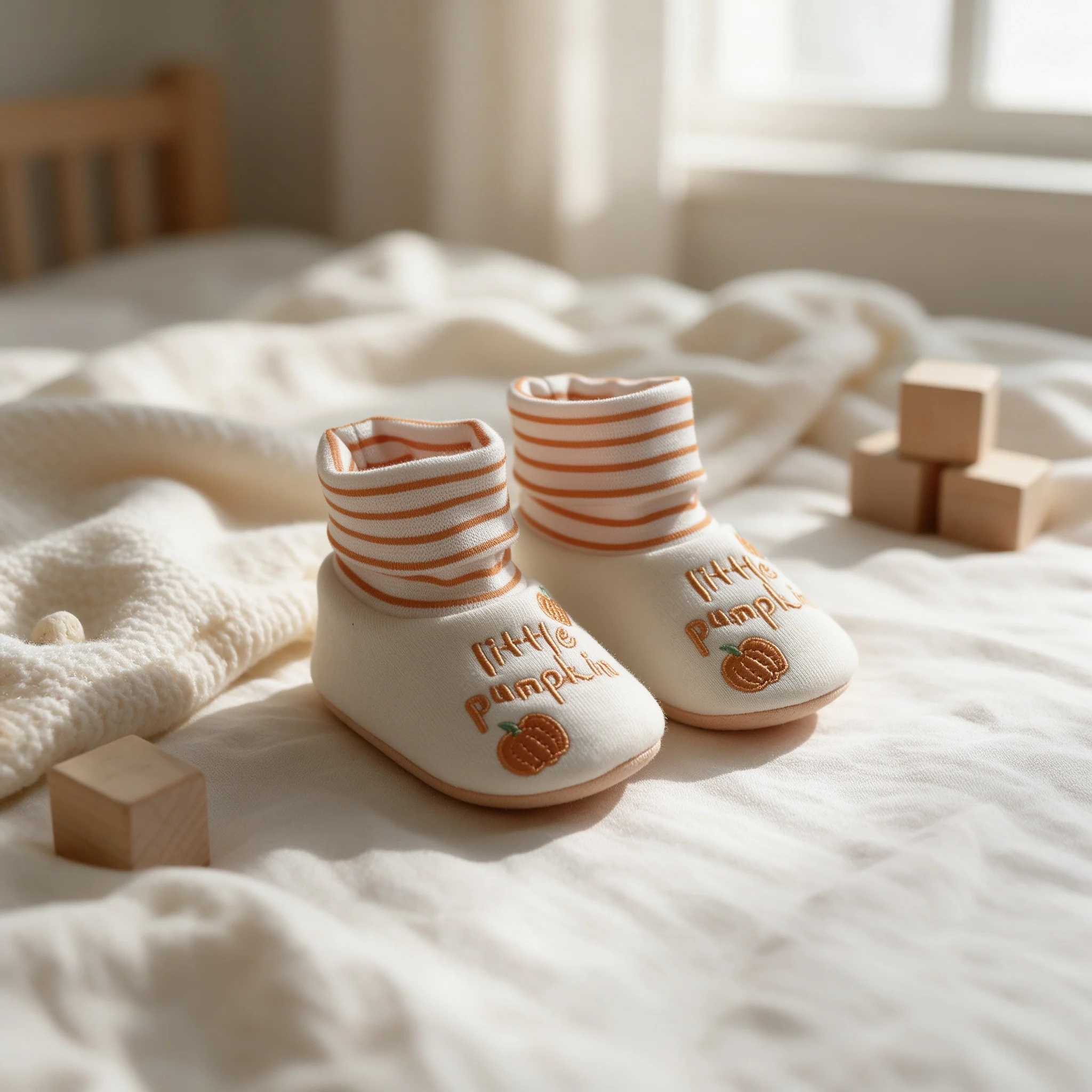 Cute Pumpkin Embroidery Baby Sock Shoes Striped Cuff Soft Sole Newborn Anti‑slip Toddler Pre‑walker Shoes Infant Fall Footwear