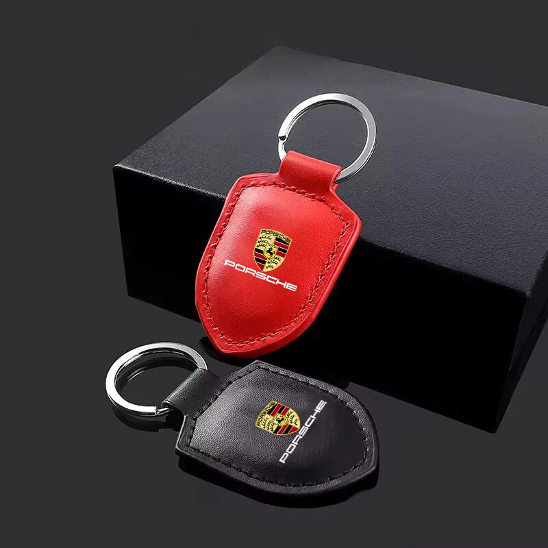 Leather Car Keychain Shield Type Key Ring For Porsche Panamera Cayenne Taycan 911 718 Macan Carrera-GT 928 944 968 944 Accessory