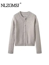 TRAF 2024 autunno strass decorazione Cardigan lavorato a maglia per le donne maglione a maniche lunghe Cardigan giacca maglieria cappotti da donna