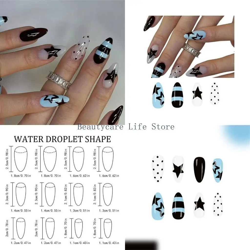 

652C 24Pieces Fashionable Blue White Stripe Star Pattern False Glossy Almond