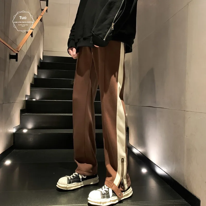 

Trendy Men's Straight Leg Pants with Side Zipper And Slits Casual Stripe Trousers High Street American Sle Loose Fit Cotton