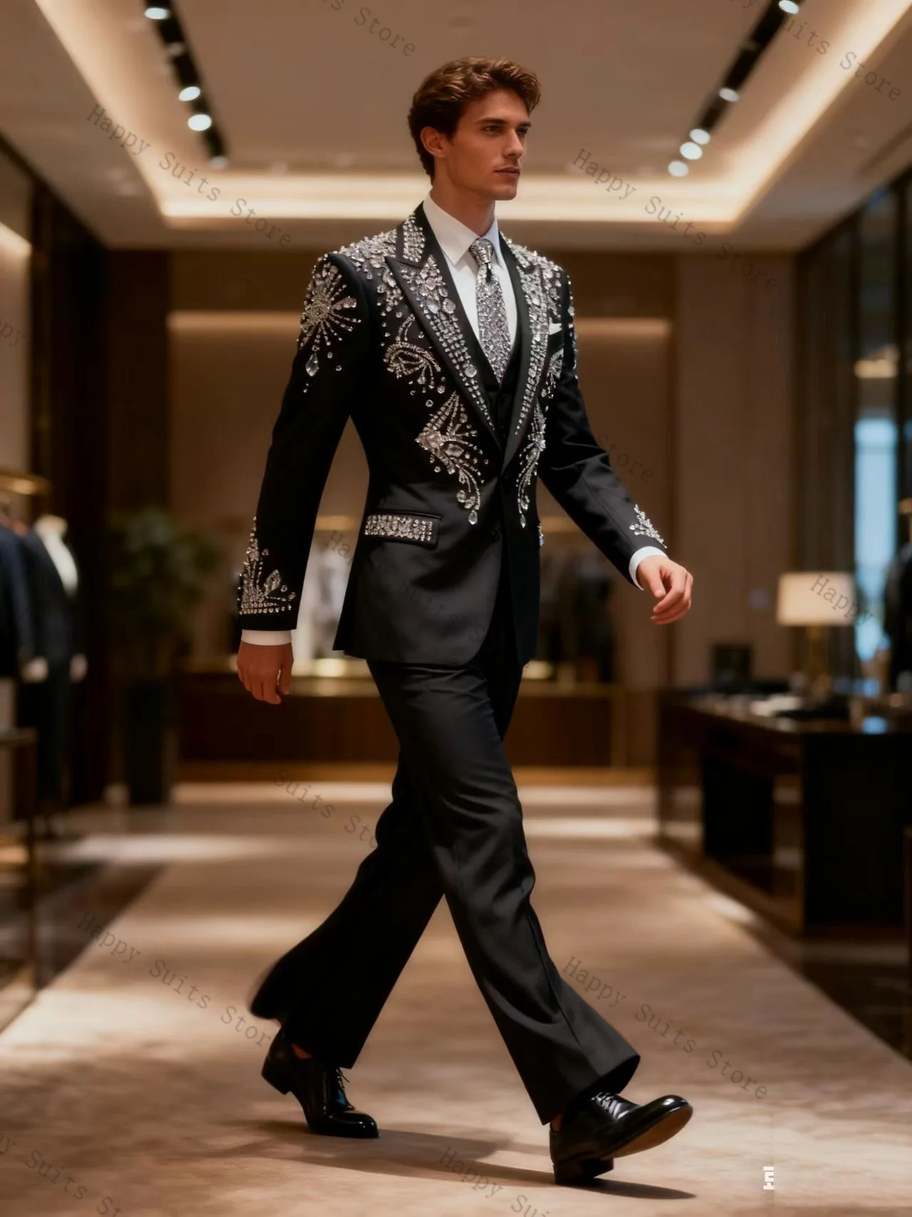 

Black Crystals Men Suit Set 2 Pcs Groom Blazer+Cotton Pants Trousers Formal Office Coat Wedding Tuxedo Customized Jacket Outfit