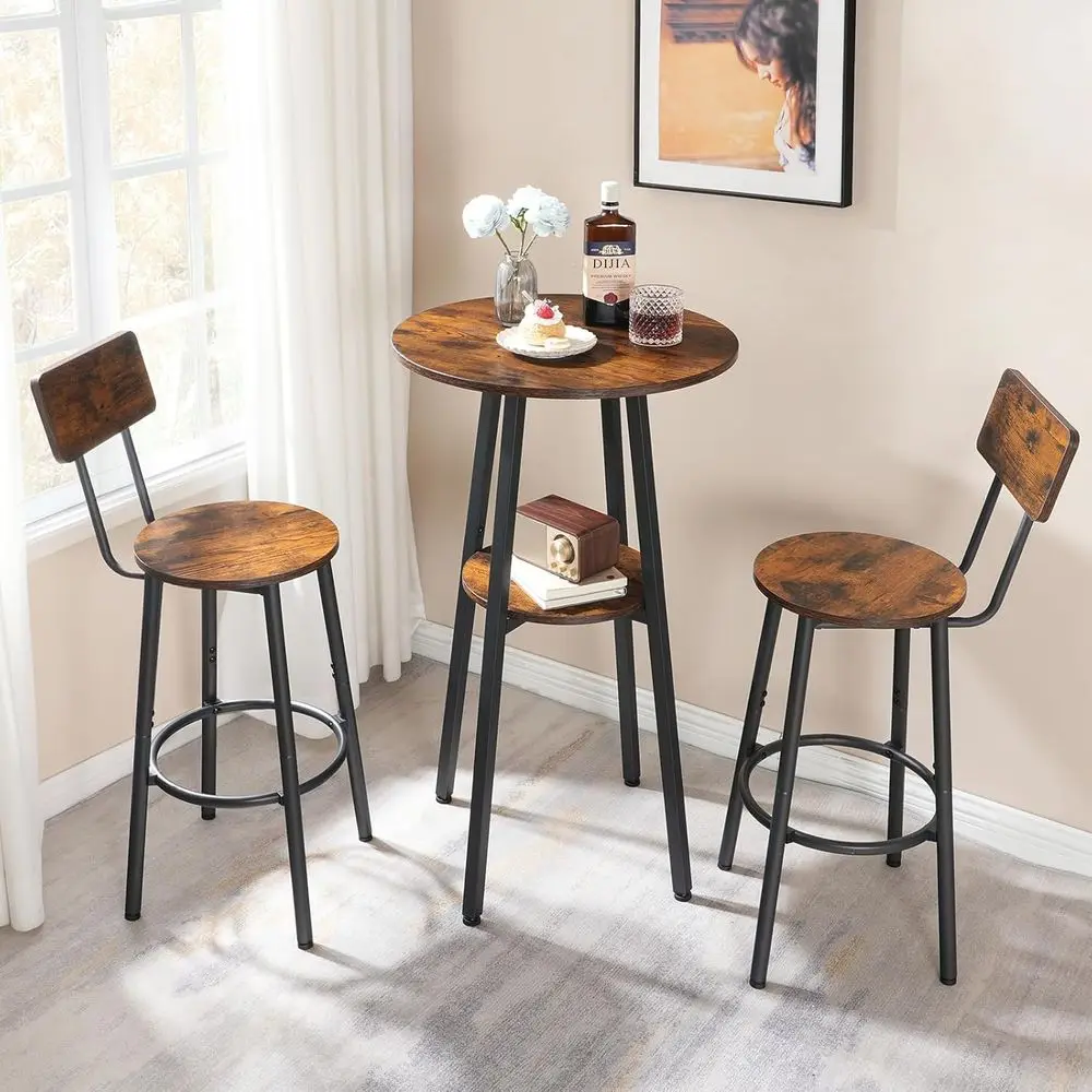 Space-Saving Round Bar Table Set with Chairs, Rustic Brown Dining Option