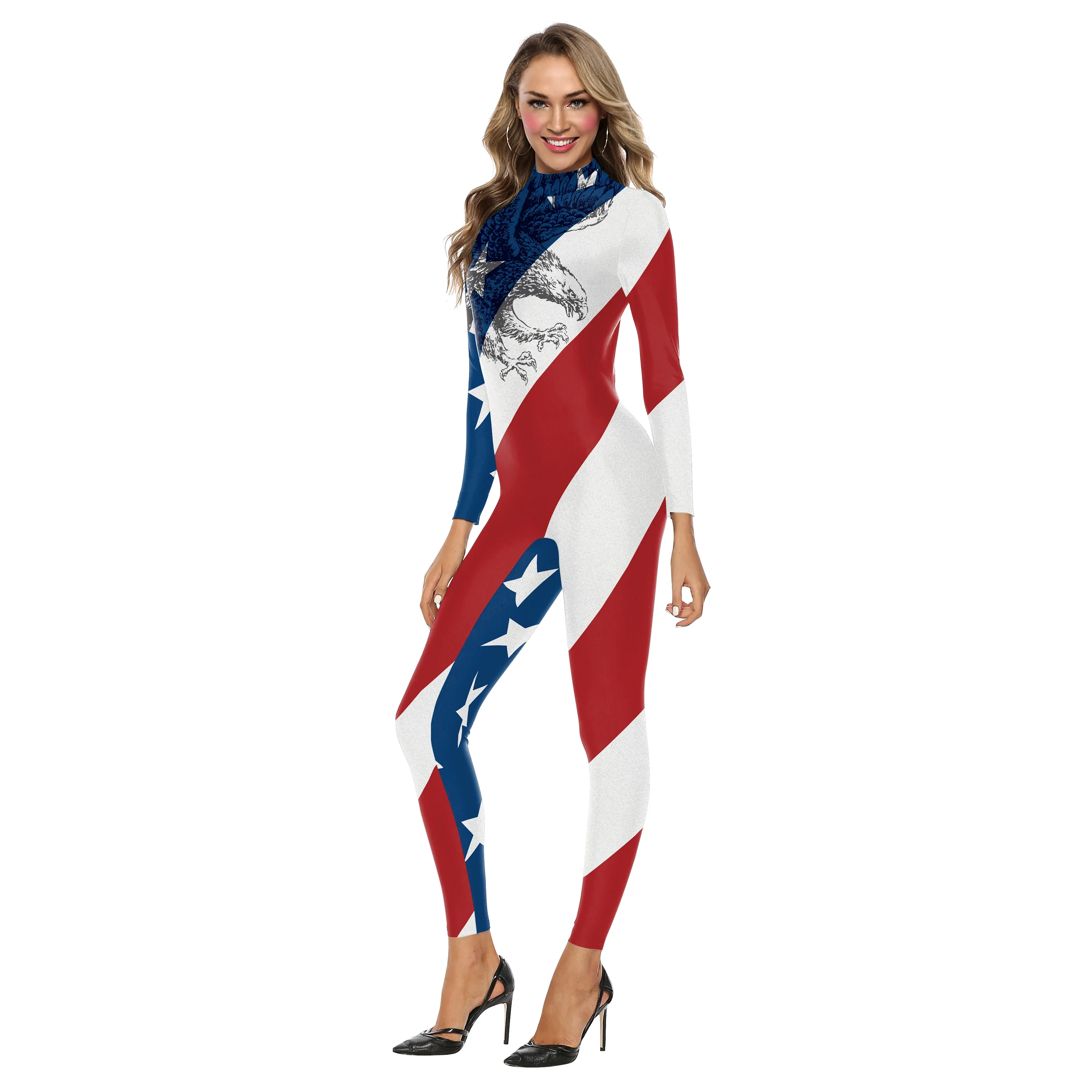 Teanoon Independence Day Costume Women US Flag Printed Bodysuit Sexy Zentai Suit Girls Holiday Clothes Party Jumpsuit