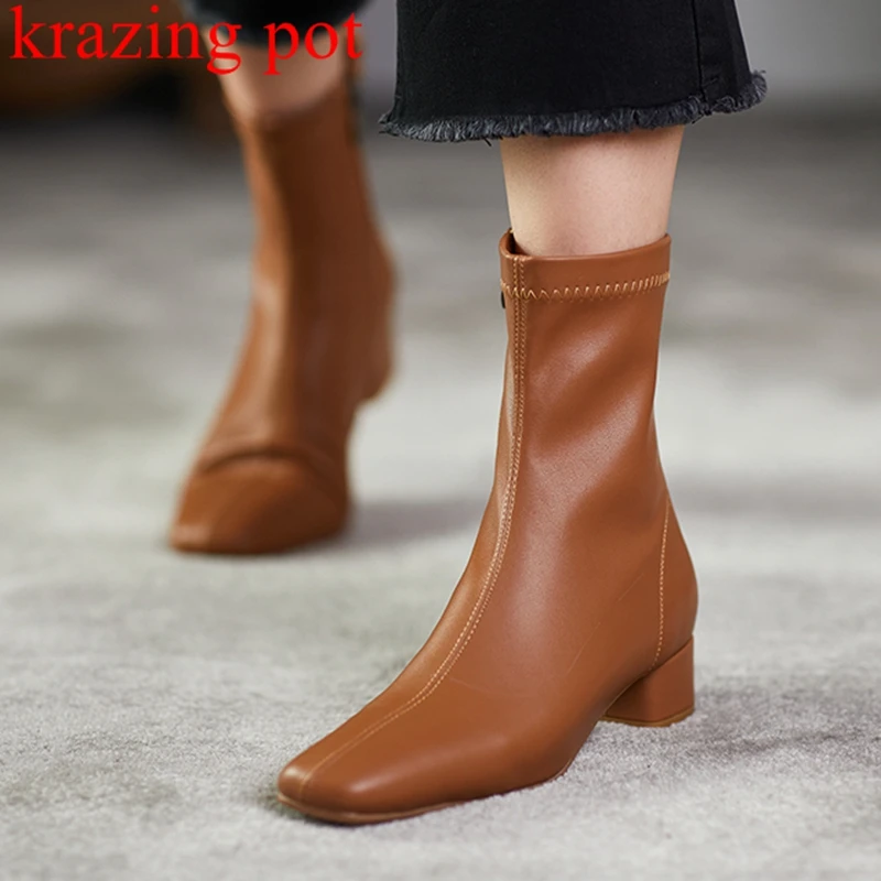 

Krazing Pot Microfiber Thick Med Heels Zipper Chelsea Boots Keep Warm Winter Shoes Office Lady Gentlewomen Stretch Ankle Boots