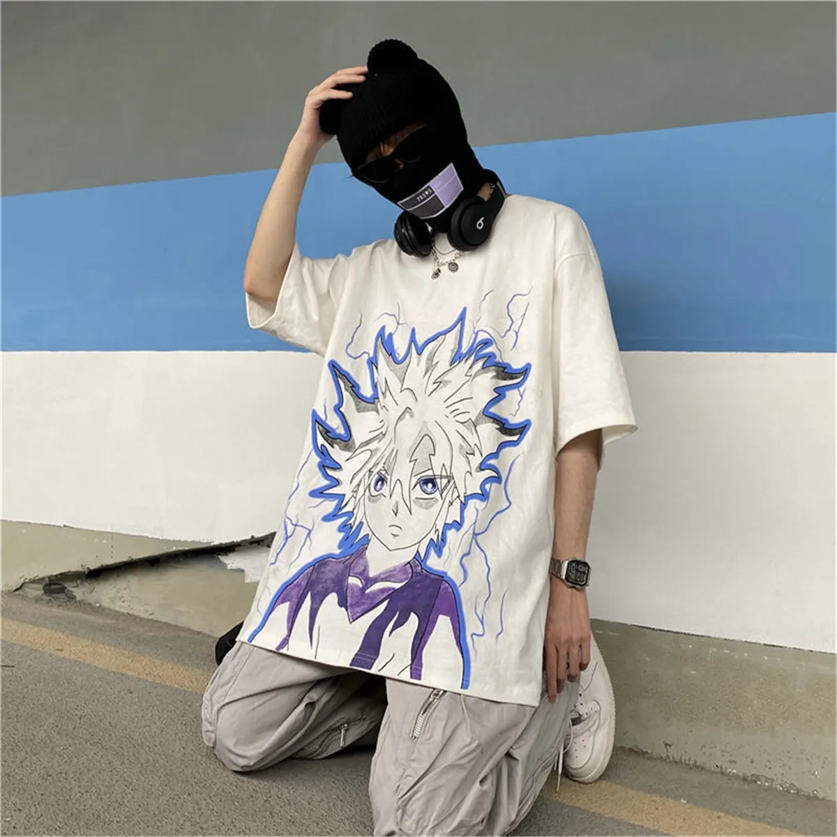 White Cartoon Cool T-Shirt Male Funny Harajuku Anime T Shirt Men Fashion Japan Hip Hop Loose Short Sleeve Gothic T Shirts Girls