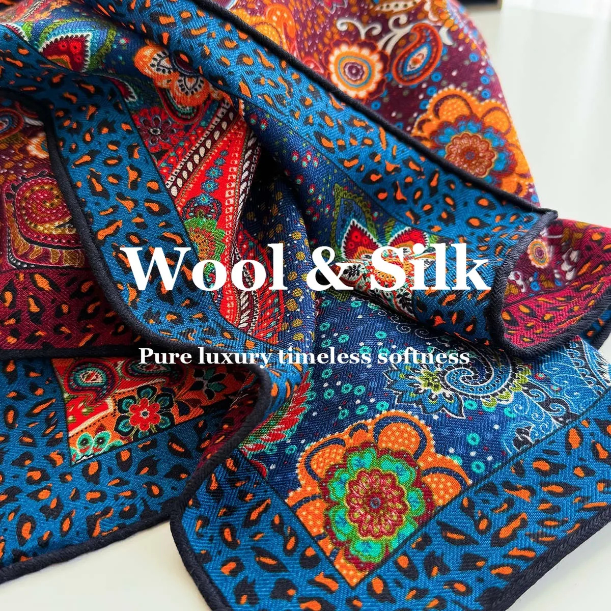 

New 82% Wool 18% Real Silk Scarf Double-sided Paisley Hijab Headband Flight Attendant Square Scarves Neckerchief Pashmina Poncho