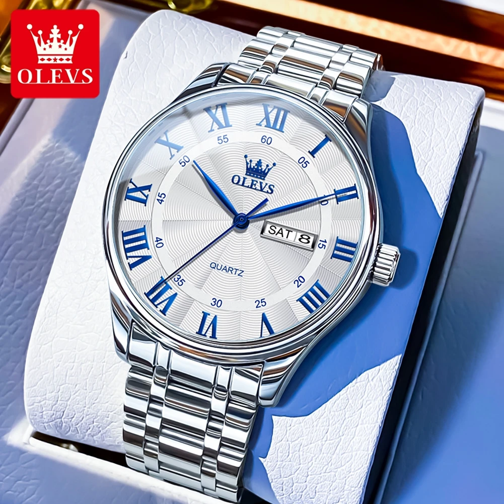 OLEVS Luxury Brand Quartz Watch for Men Roman Numeral Scale Solid Stainless Steel Strap Dual Calendar Simplicity Man Watch Watch