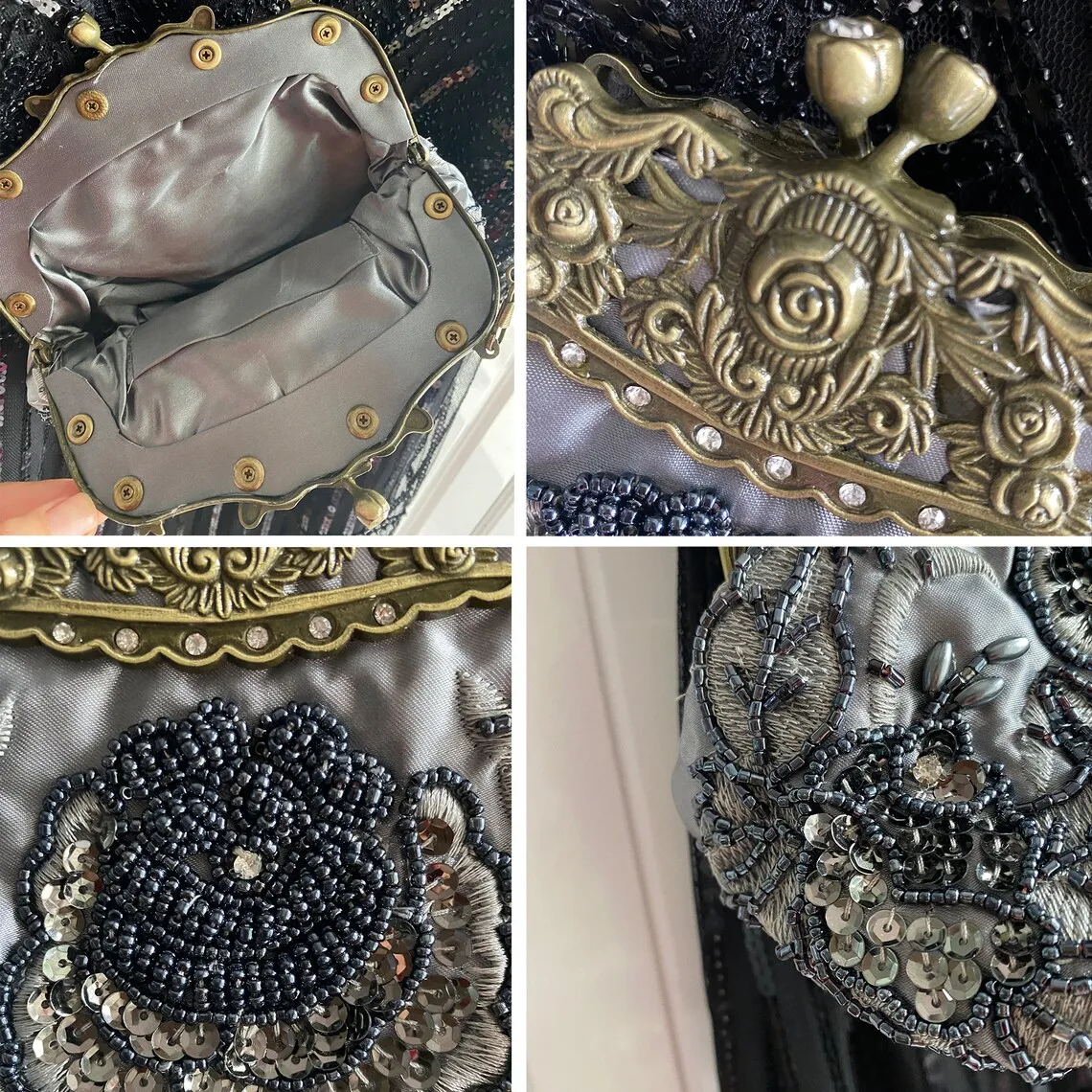 Lost in Vintage Evening Handbag Beaded Flowers Gold Rose FramClutch Purse with the 2 Detachable Removalbe Shoulder Chain Party