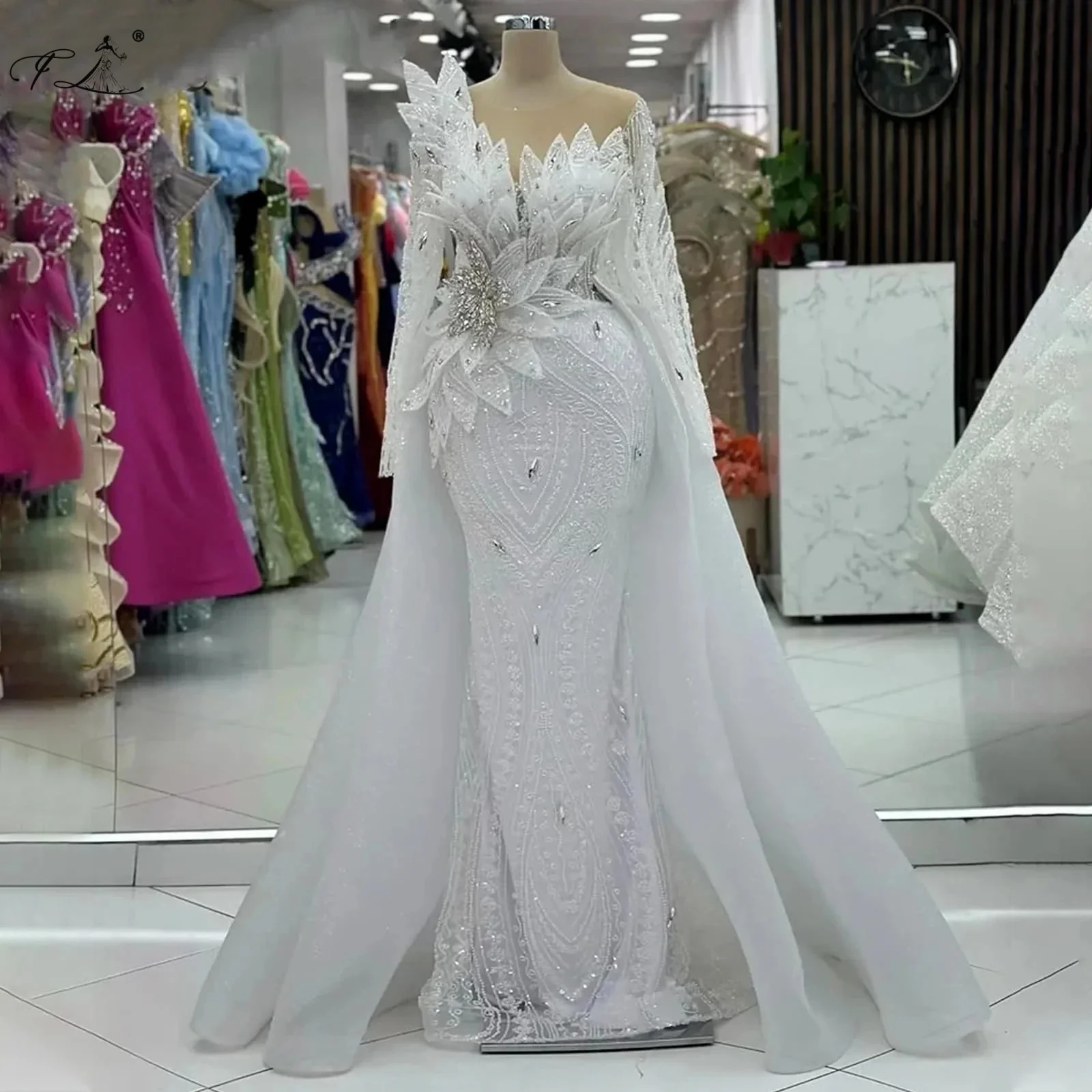 

Elegant Evening Dress With Rhinestone Flowers Waist Detachable Train Lace Bead Embroidery Sequins Evening Events Customizable