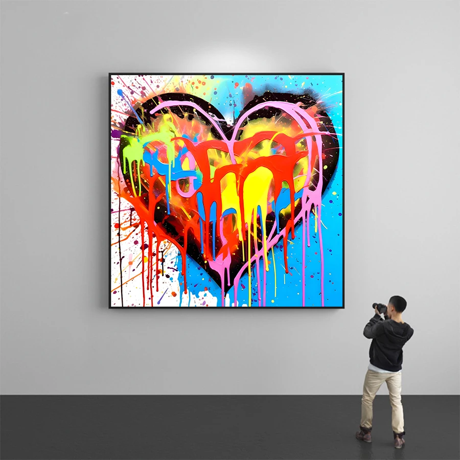 Gran pintura abstracta colorida de corazón contra salpicaduras, carteles de corazón de grafiti, impresiones, carteles sin marco para decoración de pared del hogar
