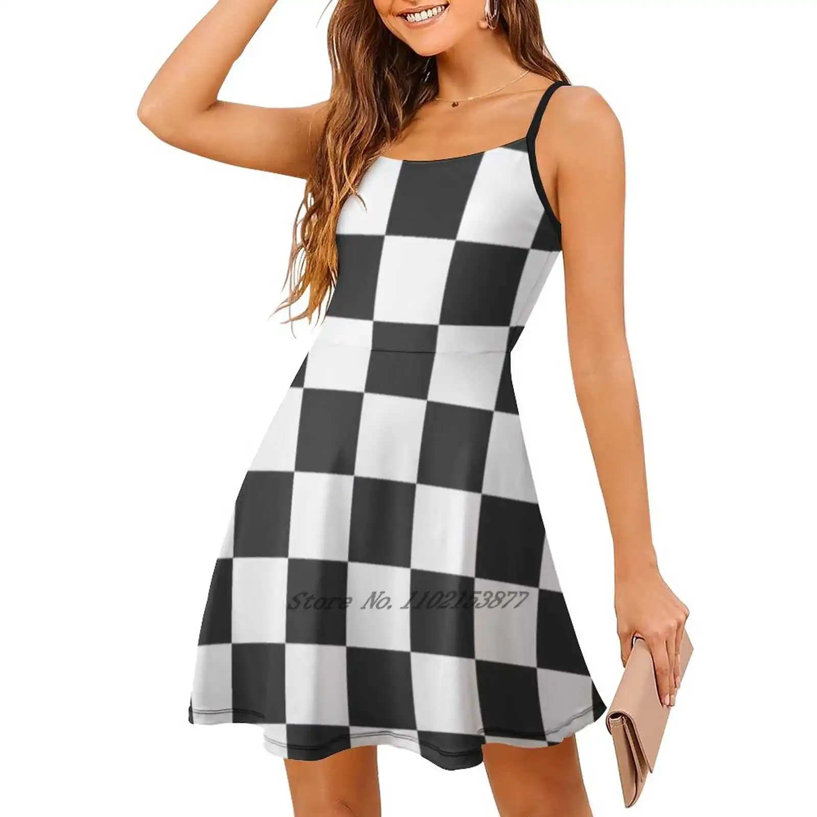 A Black And White Checkered Design Loose Pocket Dress Women Casual V Neck Dress Printed Dress Black And White Dark Jungle White