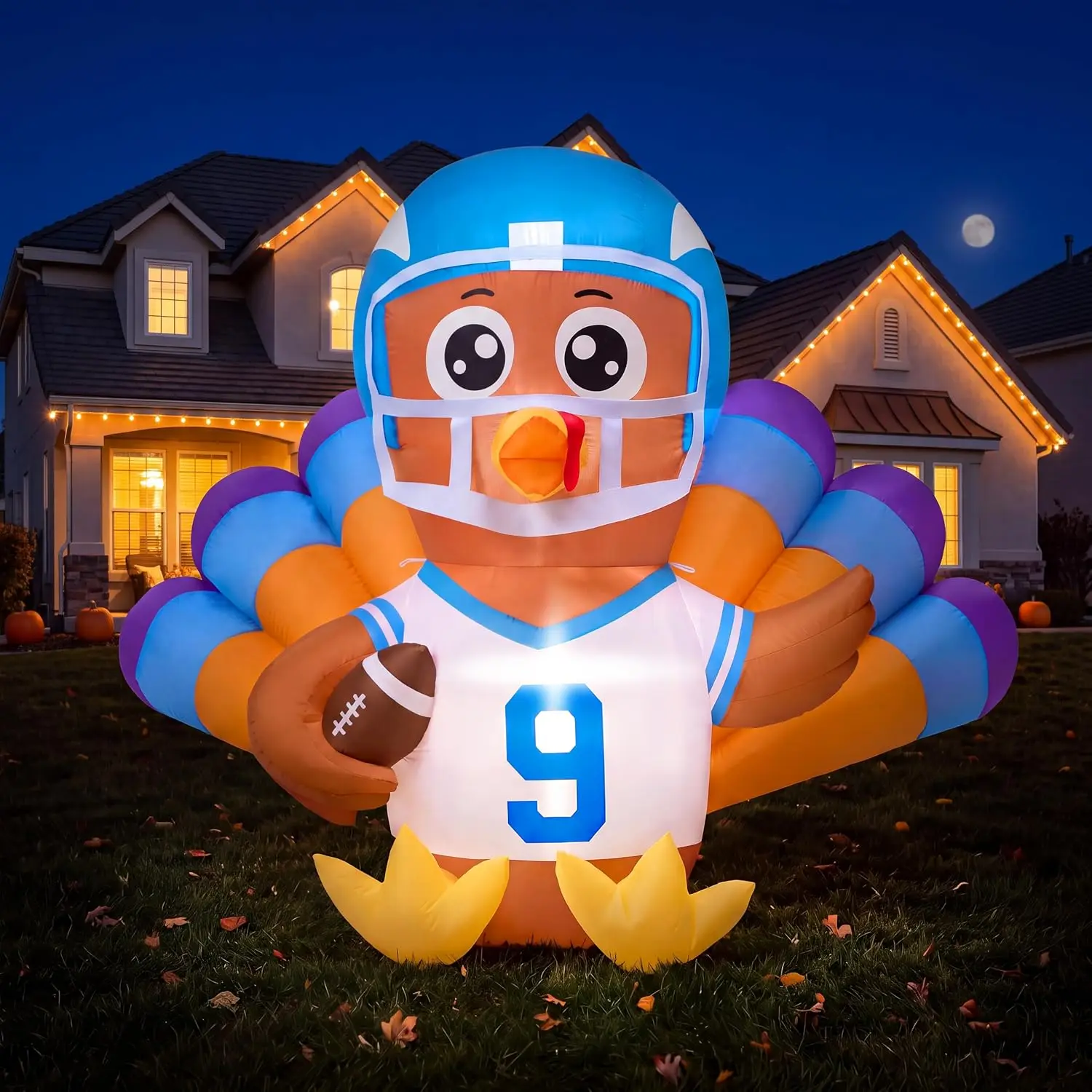 4.5 FT Thanksgiving Inflatable Turkey Decoration Outdoor Light Up Blow Up with Football and LED for Game Day Autumn Fall Outside Yard Lawn Garden Decor Party Supplies