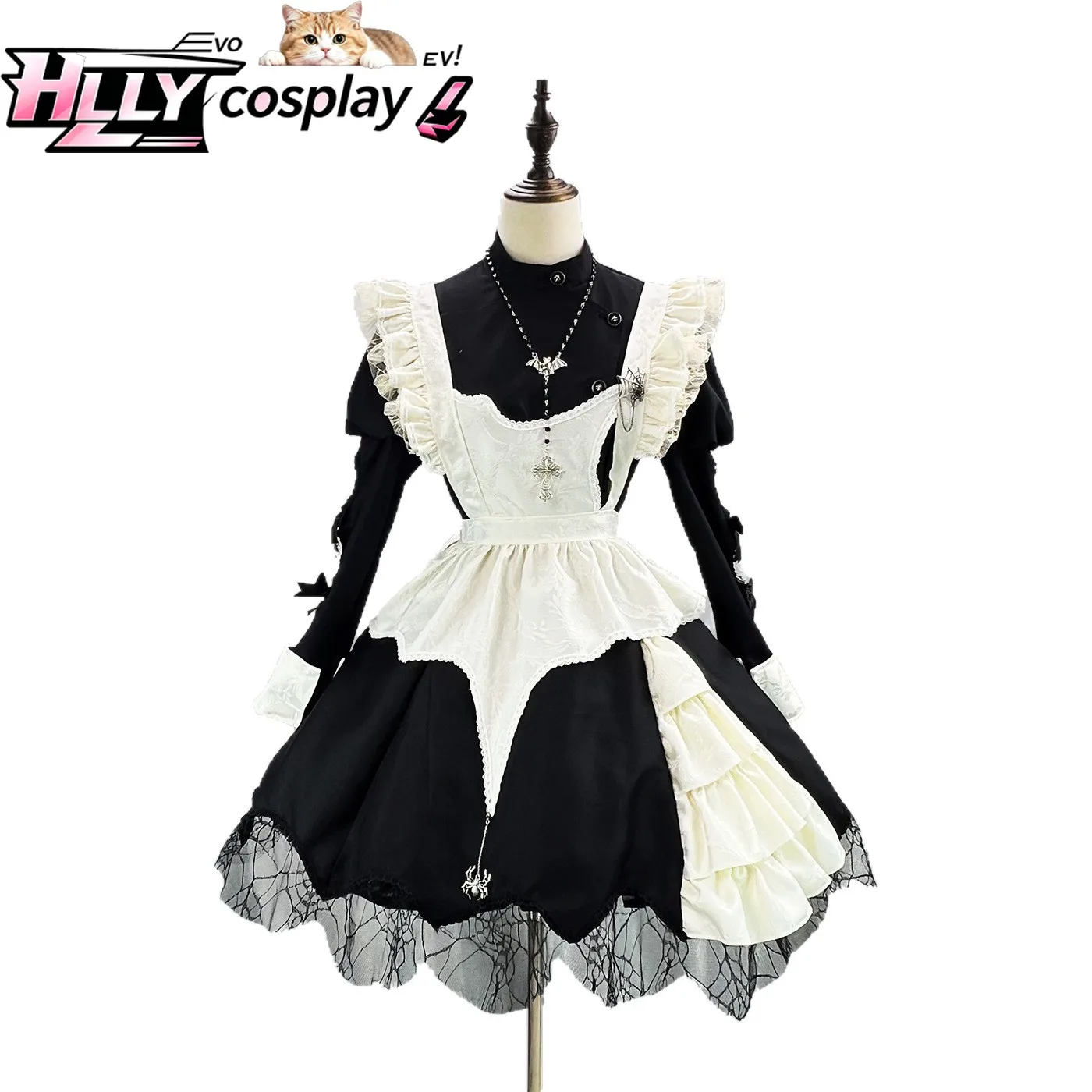 

Elegant Dark Gothic Lolita Maid Halloween Cosplay Costume Puff Sleeves Dress Black White Ruffles Lace Trim for Carnival Party