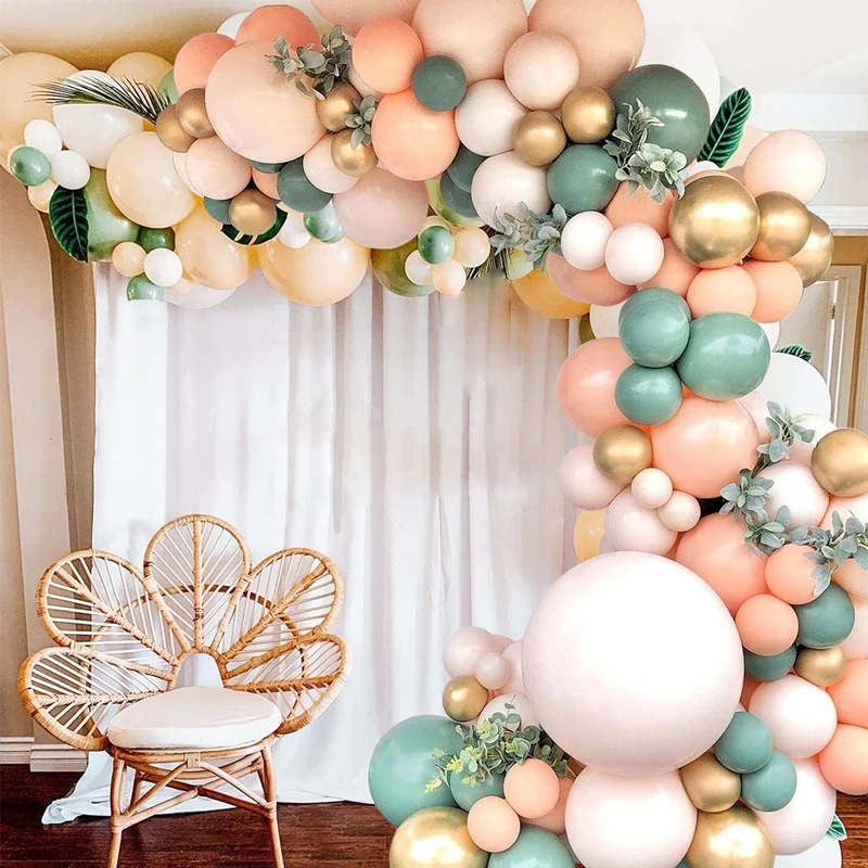 143Pcs Sage Green Peach Blush Pink Balloon Garland Arch Kit Baby Bridal Shower Wedding Jungle Safari Theme Birthday Party Decor