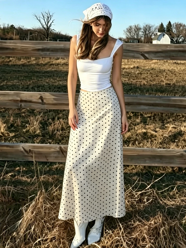 

Women's Polka Dots Skirts Midi Satin Skirt For Female High Waist Pencil Skirt y2k Summer New Elegant Women's Skirt Office Look