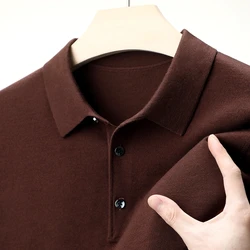 Real 100% Worsted Wool Polos Mens 2024 Spring Merino Wool Knit Tops Long Sleeve Male Pure Sheep Wool Sweater Shirts