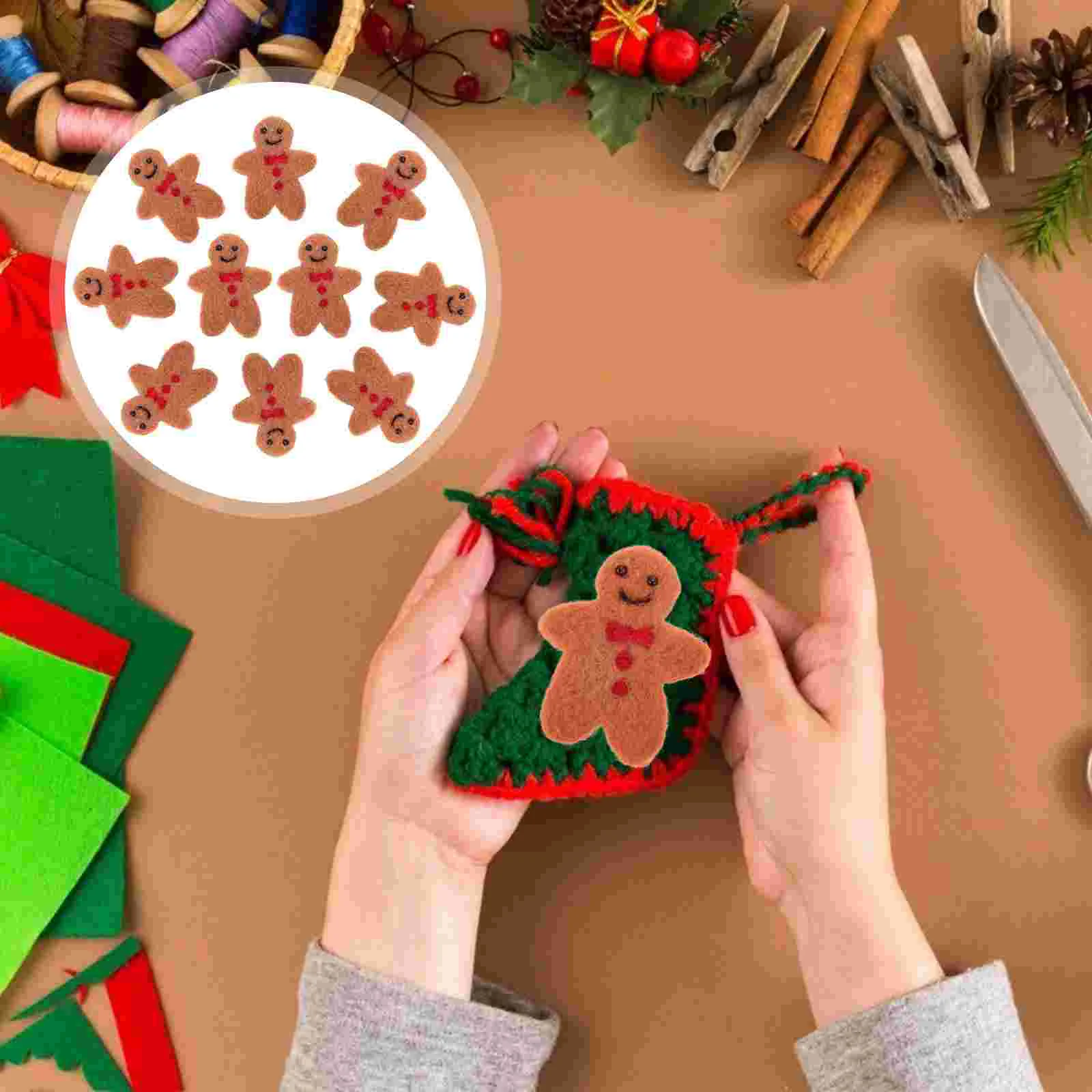 

10 Pcs Gingerbread Man Pendant Handmade Decorations Xmas Hairpin Felt DIY Headdress Charms Wool Craft Materials Christmas