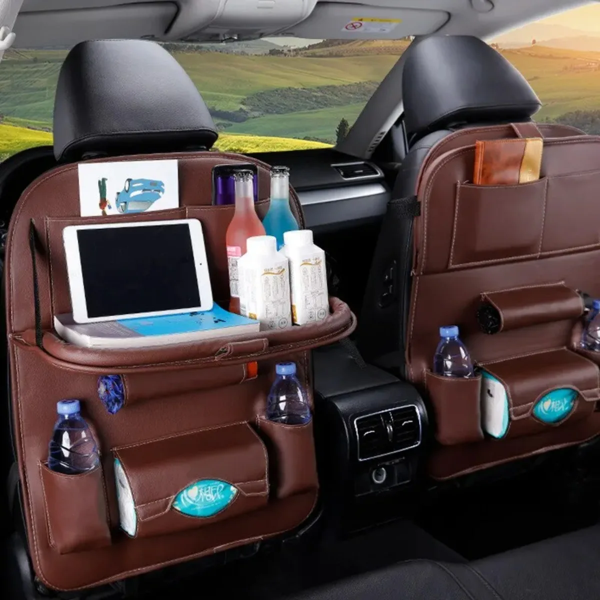 Organisateur de dossier de siège de voiture avec plateau pliable en cuir PU, organiseur de rangement avec poches, protège-pieds, accessoires intérieurs de siège