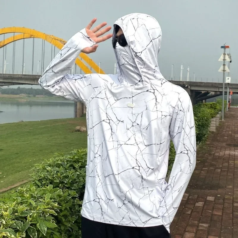 GELITAYIN Sun Protection T-Shirts Men Fishing Hooded Outdoor Lightweight Mask Pullover Quick Drying Breathable Anti-UV Cool Suns