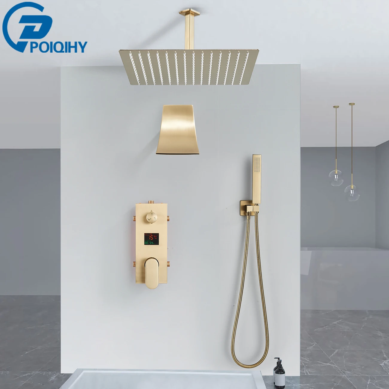 Brushed Gold Shower Faucet Digital Display Bath Shower Set 3-ways Concealed Shower Mixer Tap Rotating Waterfall Bathtub Faucet