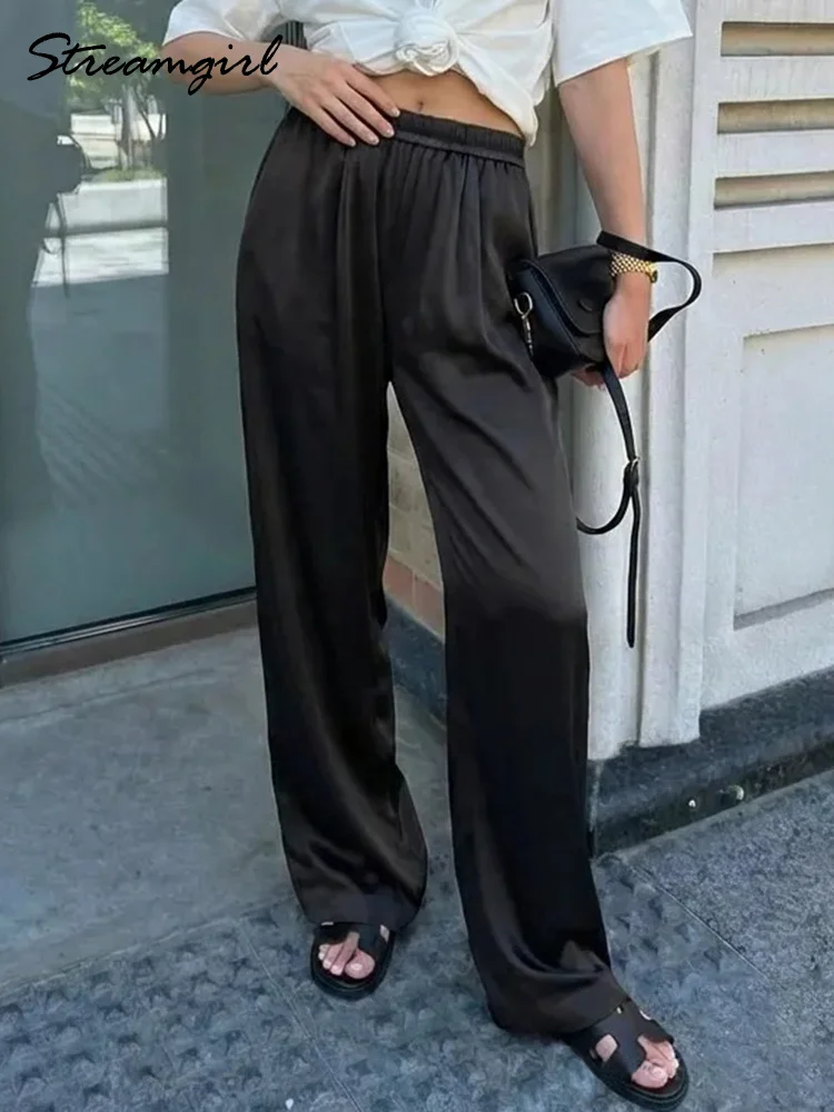 Luxury Wide Leg Satin Pants For Women Trousers With Pockets Black Women's Pants And Trousers Brown High Waist Baggy For Ladies image 2