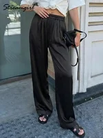 Luxury Wide Leg Satin Pants For Women Trousers With Pockets Black Women's Pants And Trousers Brown High Waist Baggy For Ladies