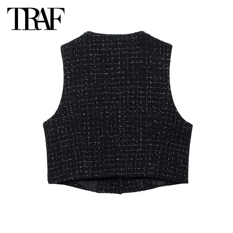 TRAF Cropped Textured Vest 2024 Women\'s Outerwears Summer Autumn Black Sleeveless Tank Vest Top Elegant Fashion Short Waistcoat