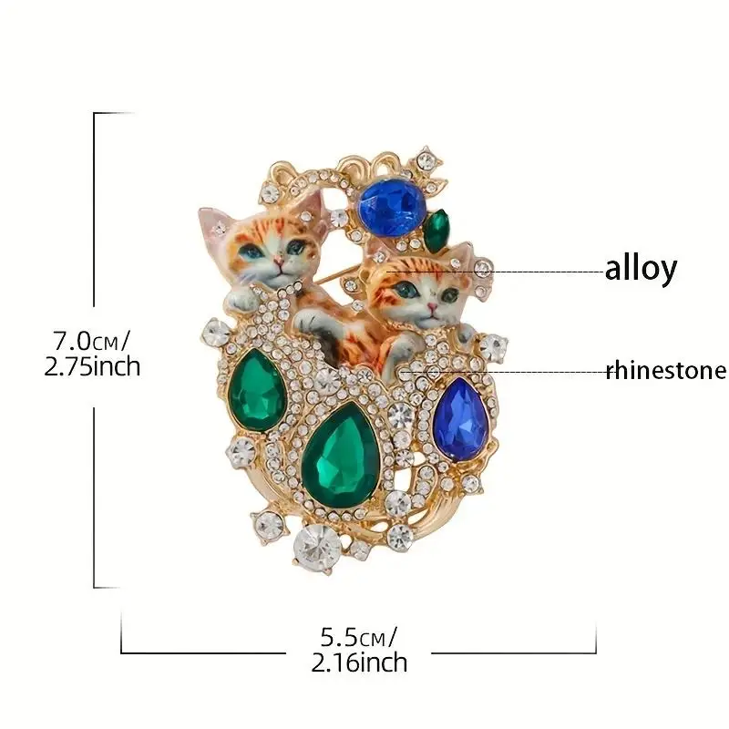 مجموعة بروش مجوهرات باروكية عتيقة مع تصميم قطة مزدوجة للنساء، زينة أنيقة من حجر الراين، ملابس يومية مثالية أو هدية