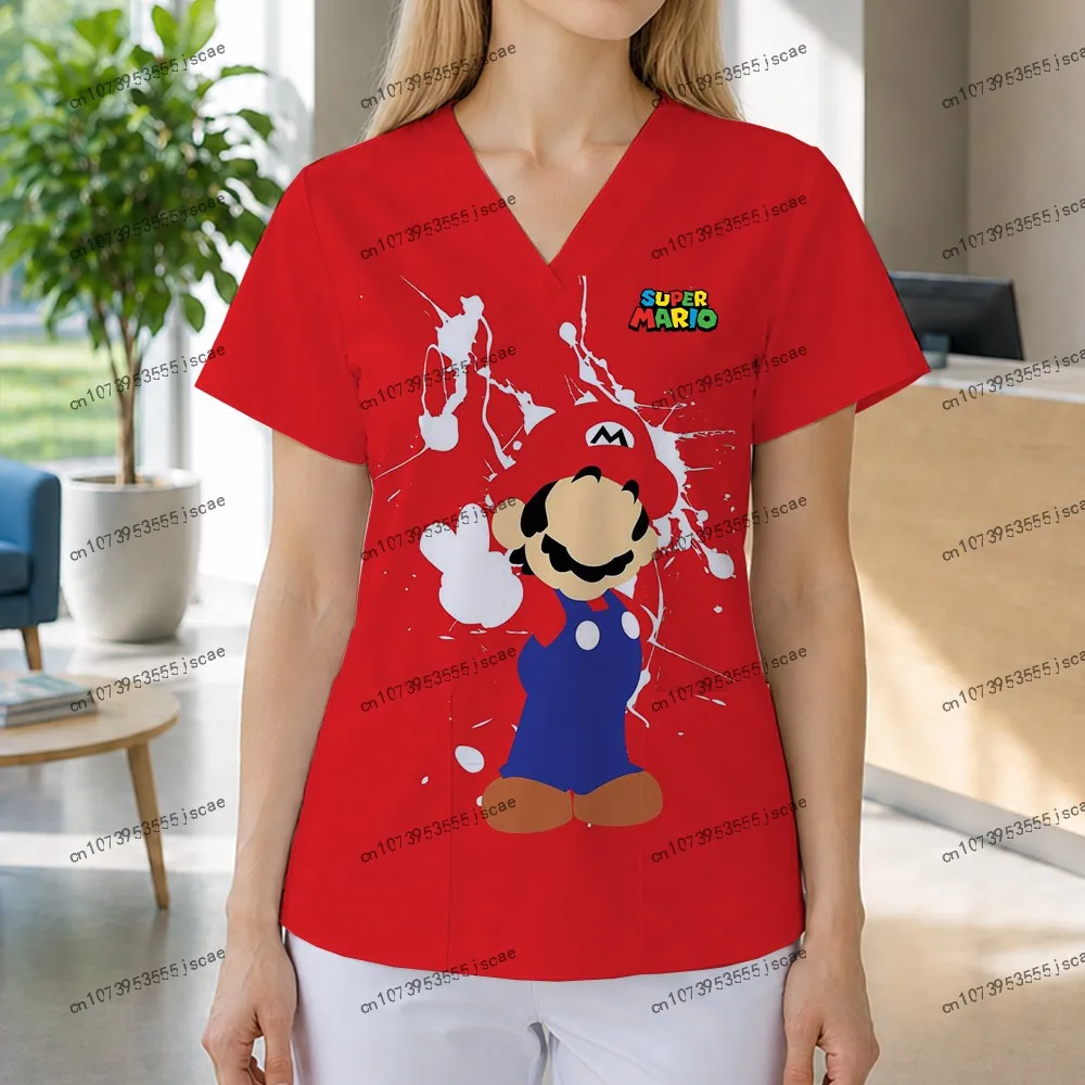 

Cartoon V Neck Female Clothing S-5XL Short Sleeve Mario Nurse Uniform Women T-shirt Women's Tops 2026 New Oversize Kawaii Trend