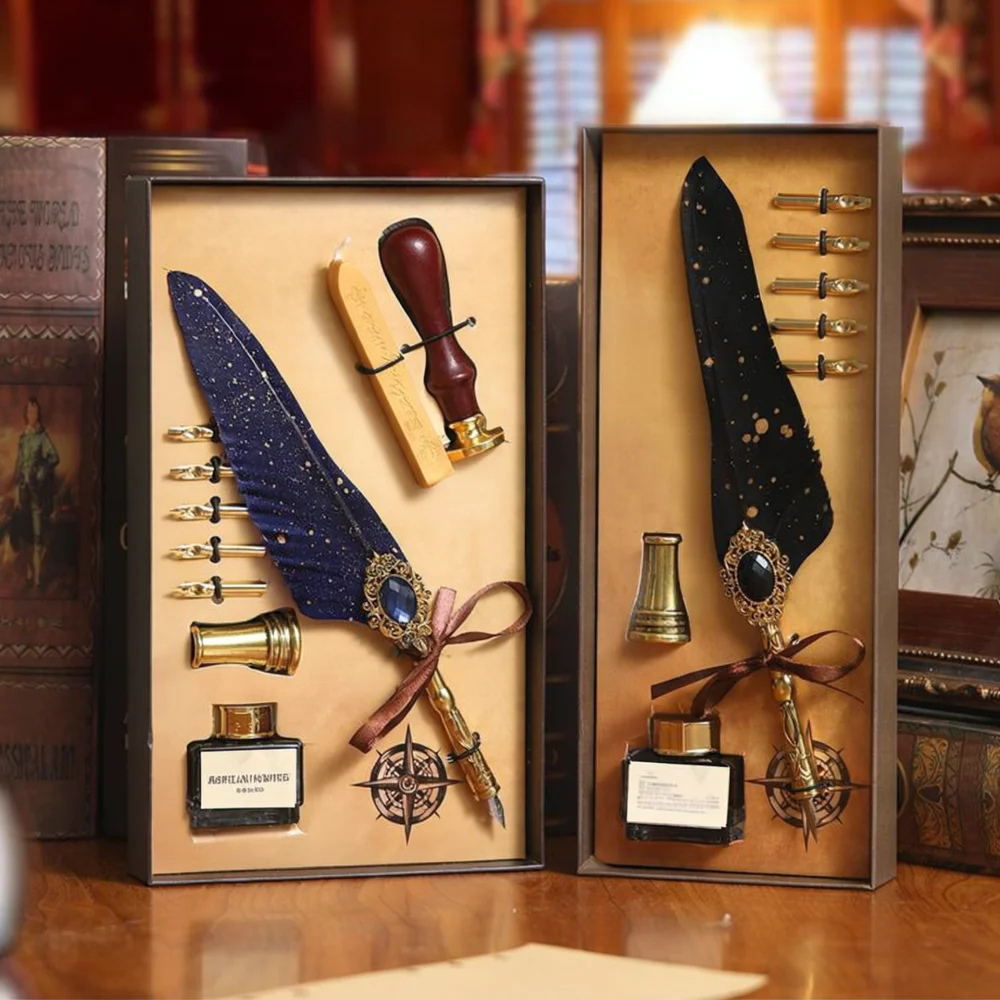 Handmade Quill Dip Pen Set Decorative Wax Seal Stamp Interchangeable Nibs Creative Writing Gift For Professional