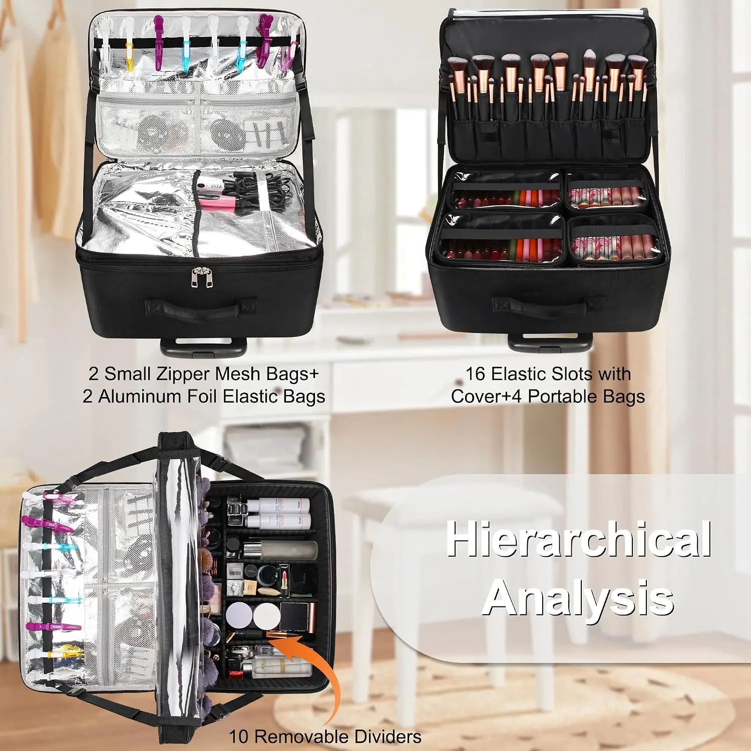 Extra Large Rolling Makeup Travel Train Case with 360° Spinner Wheels, 3 Layer with Insulation Compartment & 4 Clear Bags view 3