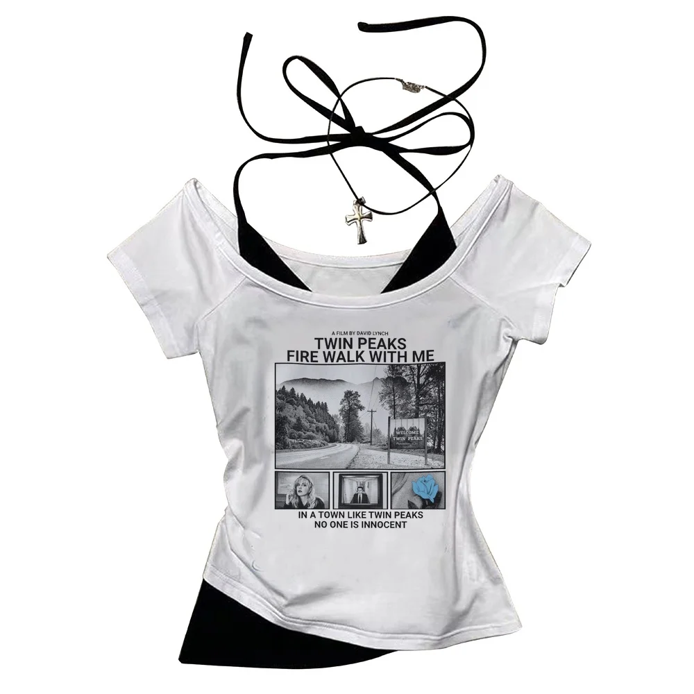 Twin Peaks cropped top female y2k harajuku graphic anime tshirt anime harajuku meme scene