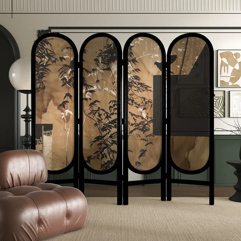 Mirage French solid wood screen mobile folding screen background wall living room entrance wabi **** retro partition