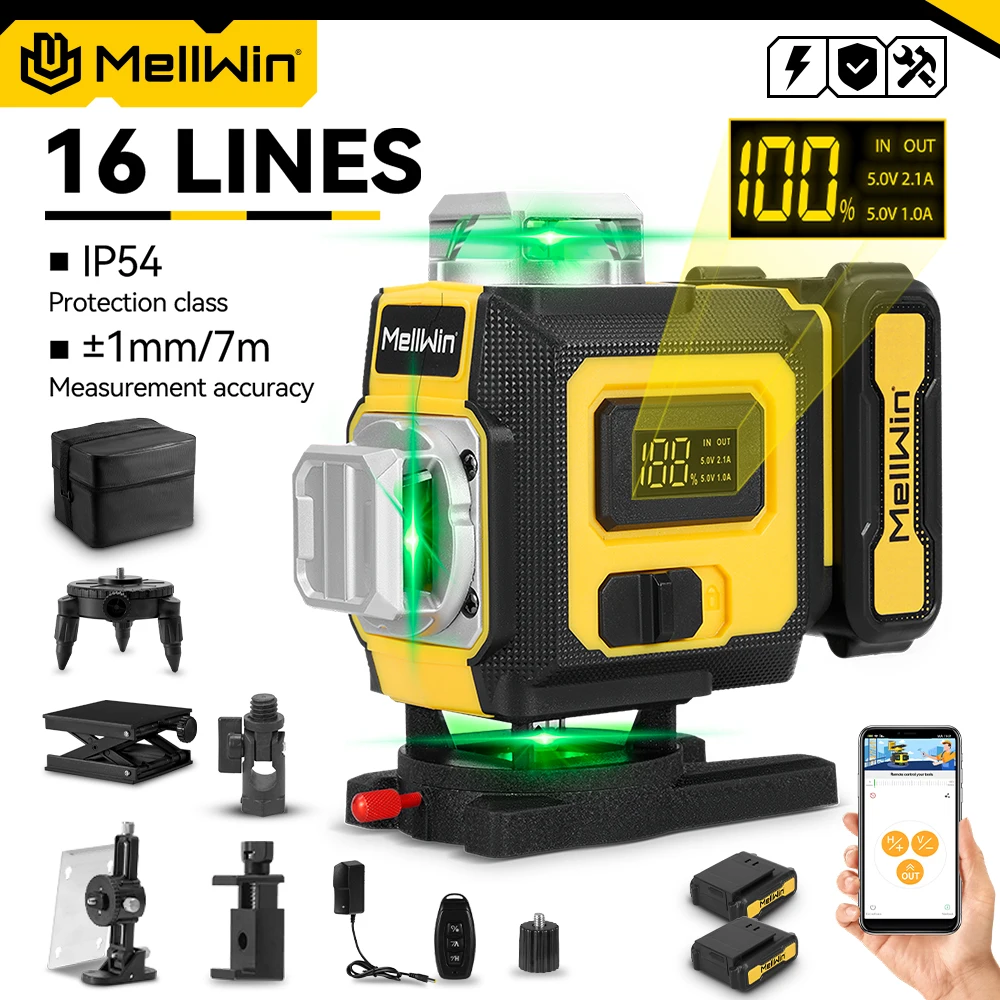 MELLWIN 16 líneas 4D nivel láser con aplicación remota Control autonivelante 360 nivel láser Horizontal y Vertical herramienta de construcción