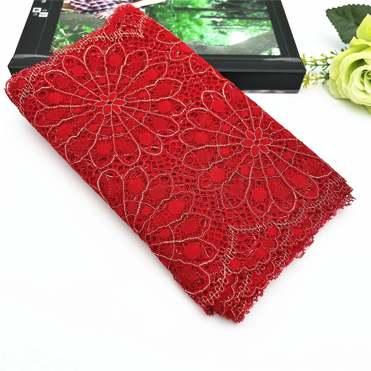 3y/lot Width 22.50cm Red With Gold Elastic Stretch Lace Trim Skirt Hem For Clothes Sewing Accessories Lingerie Dress Sleeve