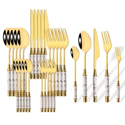 30Pcs Creative Imitation Ceramics Handle Dinnerware Set White Gold Cutlery Stainless Steel Tableware Knives Forks Spoon Flatware