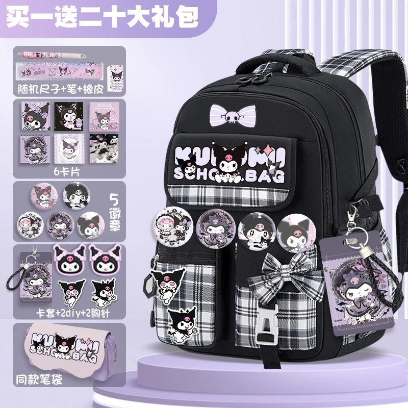 Sanrio Kuromi Schoolbag para meninas novo 2024 mochila escolar leve com proteção de coluna de alto volume para séries 3-9