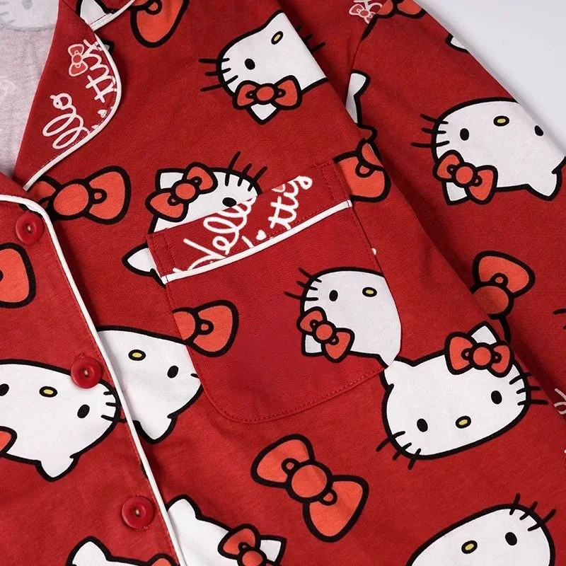 Sanrio Hello Kitty Cartoon Red Piżama Garnitury Anime Guziki Koszule Długie Spodnie Dwuczęściowe Zestawy Urocze Casualowe Piżamy Garnitur Dla