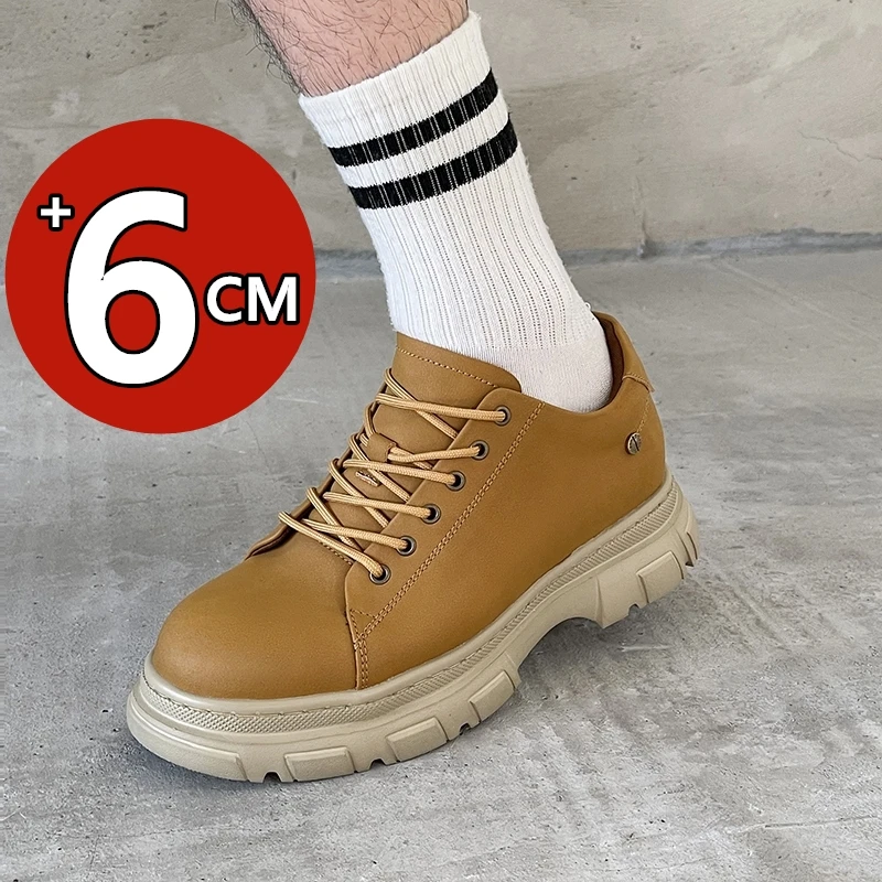 Men 6cm Hidden Height Increase Shoes Cow Split Leather Low Top Chunky Sole Elevator Shoes Lace Up Non Slip Casual Outdoor Shoes