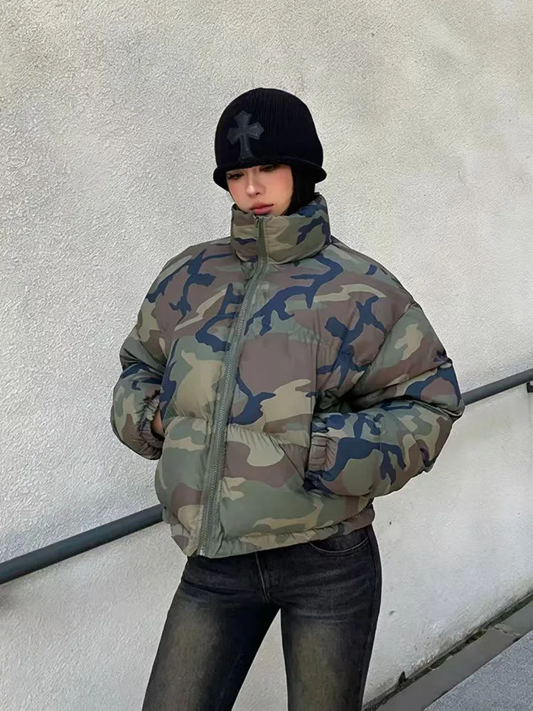 Vintage Camouflage Crop Parkas for Women Winter Warm Loose Long Sleeve Padded Coat Y2K American Streetwear Warm Down Outerwear