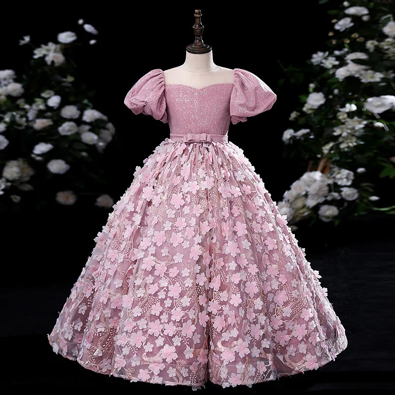 

Kids Dresses For Party Wedding bridesmaid Dress Petal Embroidery Children Pageant Gown Girls Princess long Dress Girl clothes