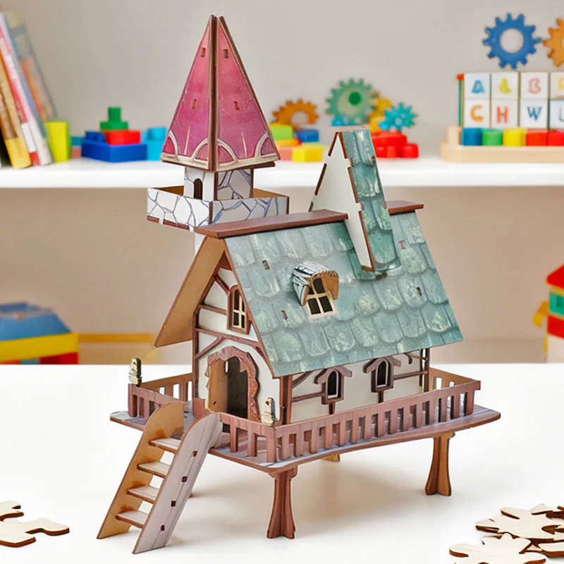 DIY Wooden 3D Puzzle Elf Cottage Model, Colorful Spray-Paint Fantasy Stilt House Building Kit, Montessori Educational Toy