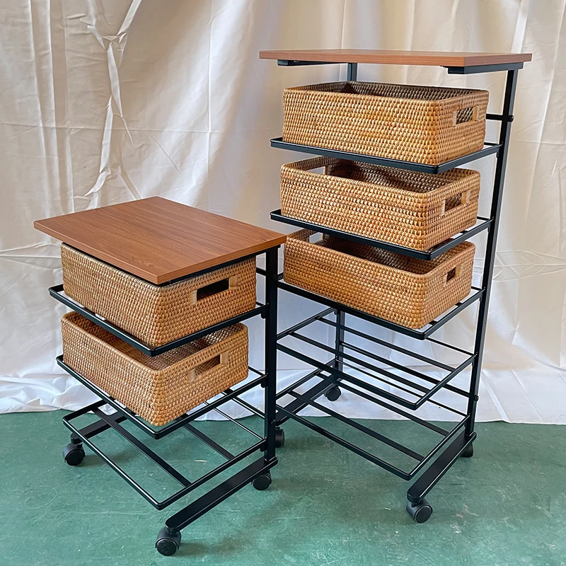 Natürliche Metall Rahmen Holz Rattan Lagerung Korb Multi Organizer Rack für Hause