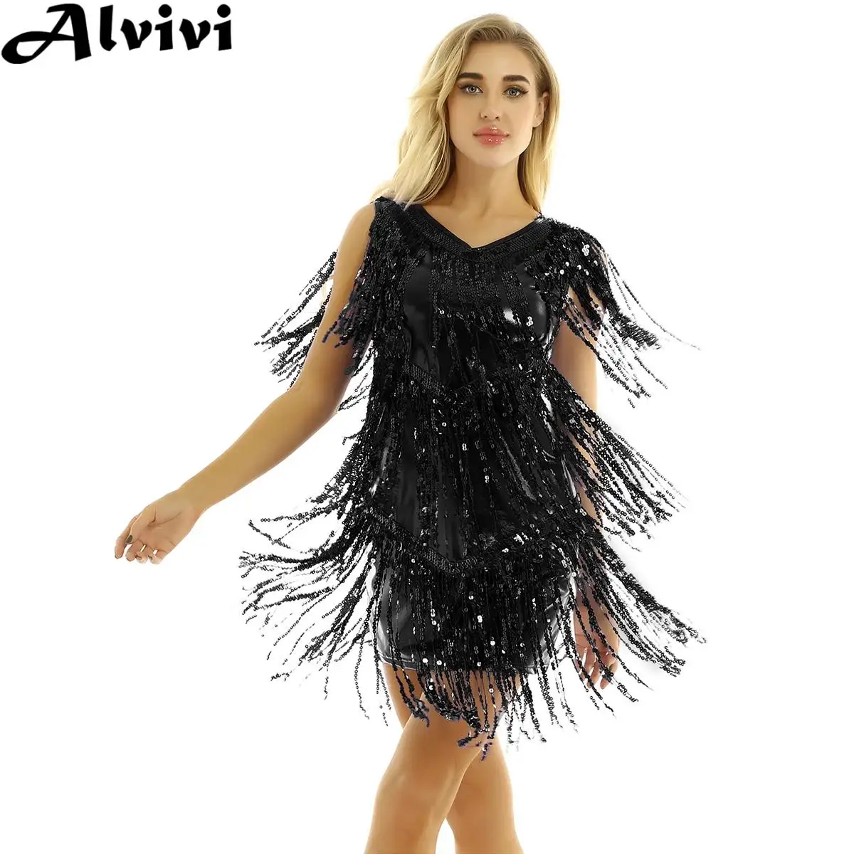 

Women Latin Dance Dress Sleeveless Shiny Sequin Tassel Dancewear Cha Cha Tango Rumba Samba Ballroom Dancing Performance Costume