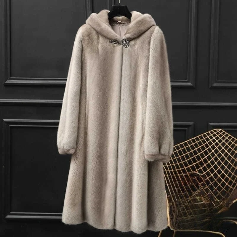 

Autumn Winter Long Luxury Elegant Chic Soft Thick Warm Brown Hairy Faux Mink Fur Coat Women V Neck Fluffy Overcoat JJ547